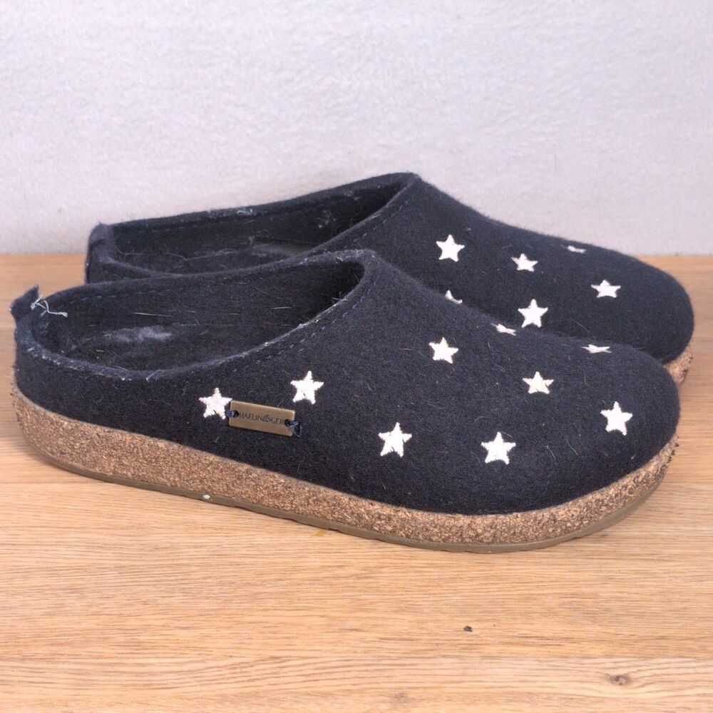 Haflinger Stelline Women's 9 EU 40 Wool Felt Clog Slippers Navy Blue Stars
